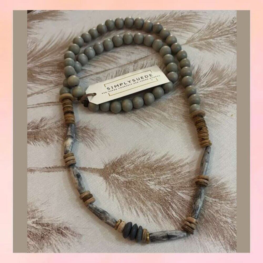 Earthy Gray Wood & Bone Look Statement Necklace 35"